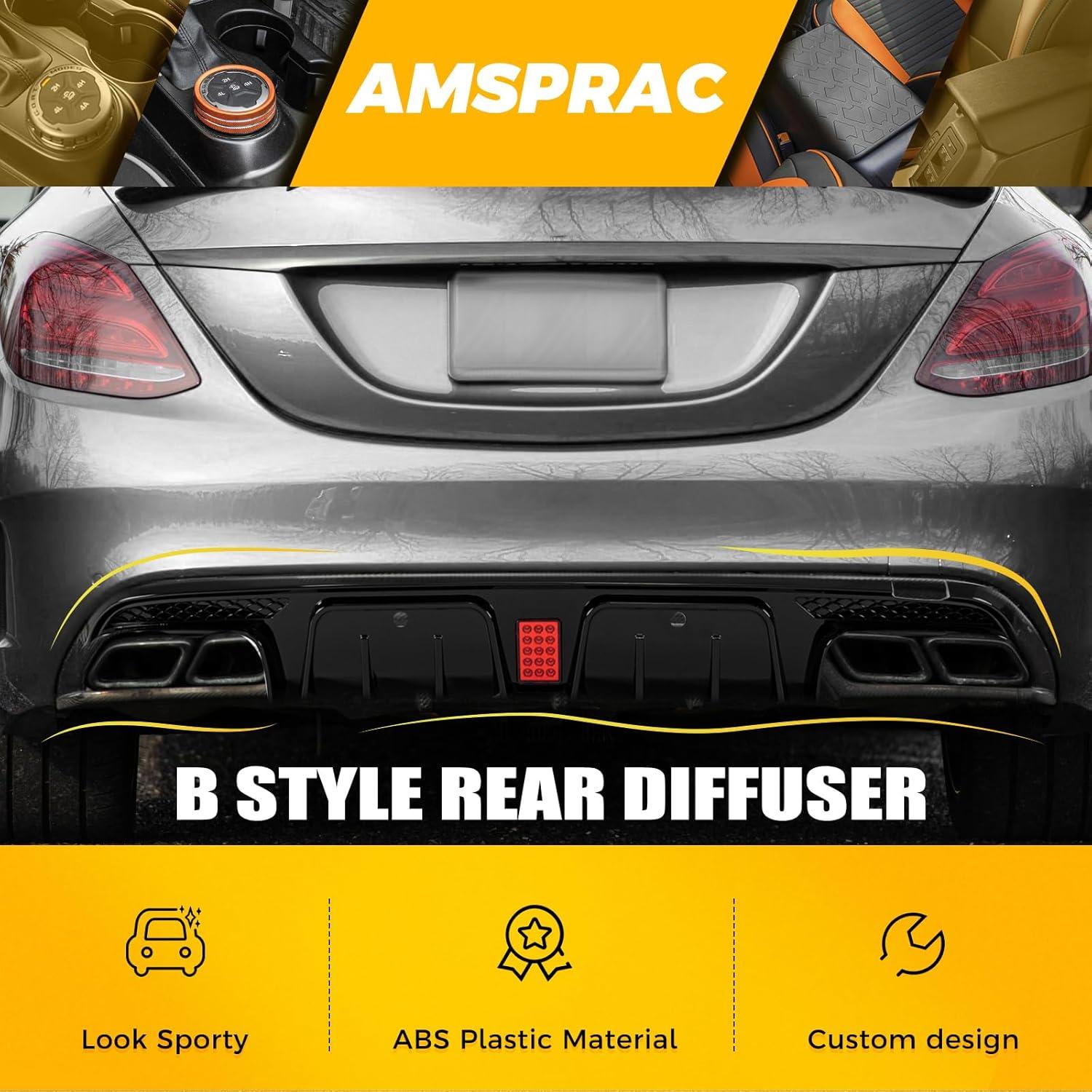 imageRear Bumper Diffuser with Exhaust Tips fit for Mercedes Benz CClass W205 C63 C63S AMG Sedan 4Doors 20152018Rear Lower Bumper Molding Kit with LED Red LightCarbon Fiber LookGlossy Black