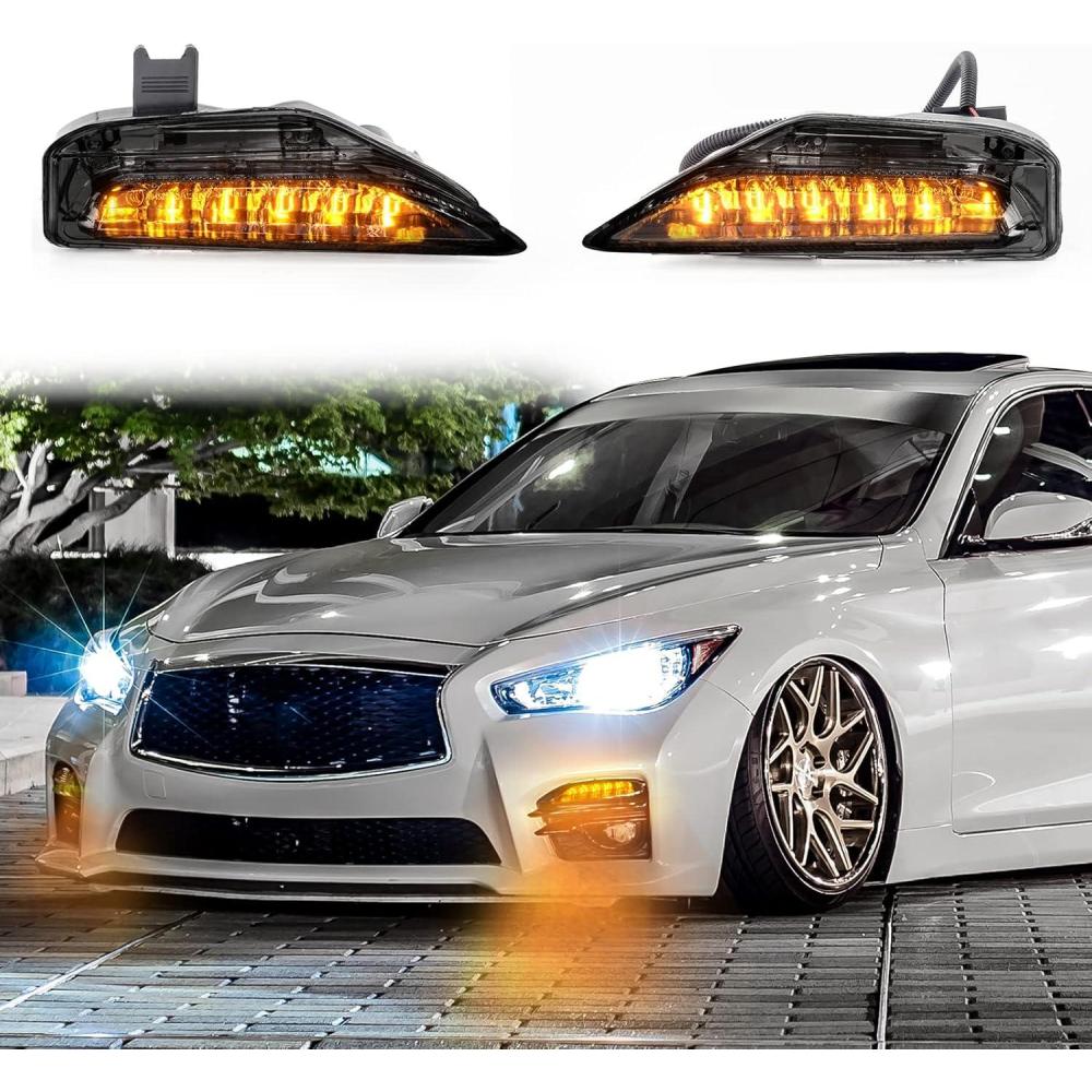 imageFog Light CoversFront Bumper Fog Lamps Bezel Cover TrimFog Light Covers Replacement compatible with Infiniti Q50 Sport Q50S 2014 2015 2016 2017IN1038106 IN1039106622574GA1A 622564GA1ASmoked Lens Fog Lights for 1420Not Flashing