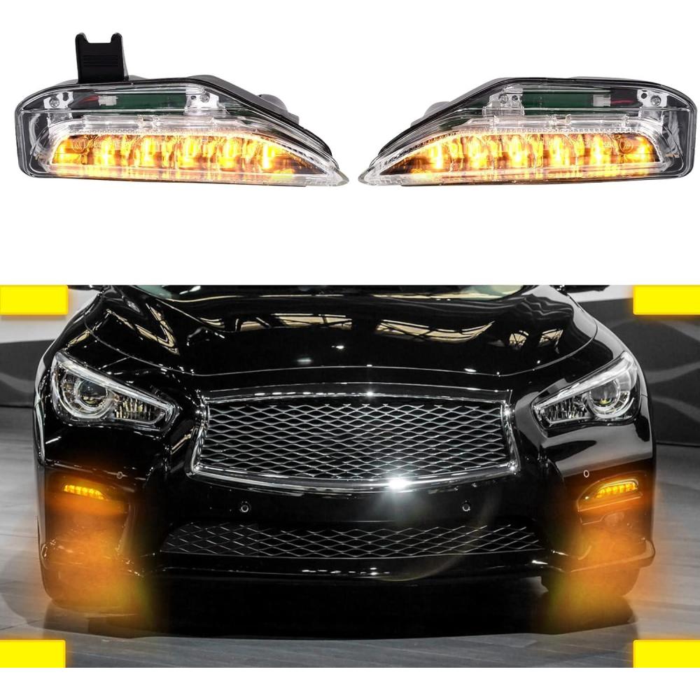 imageFog Light CoversFront Bumper Fog Lamps Bezel Cover TrimFog Light Covers Replacement compatible with Infiniti Q50 Sport Q50S 2014 2015 2016 2017IN1038106 IN1039106622574GA1A 622564GA1AClear Lens Fog Lights for 20142020 Flashing