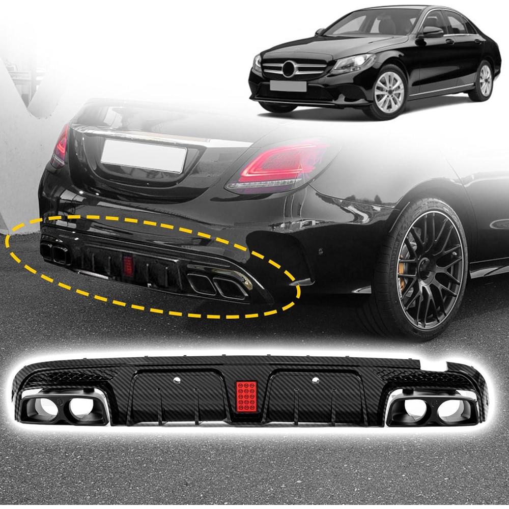 imageRear Bumper Diffuser with Exhaust Tips fit for Mercedes Benz CClass W205 C63 C63S AMG Sedan 4Doors 20152018Rear Lower Bumper Molding Kit with LED Red LightCarbon Fiber LookCarbon Fiber Look