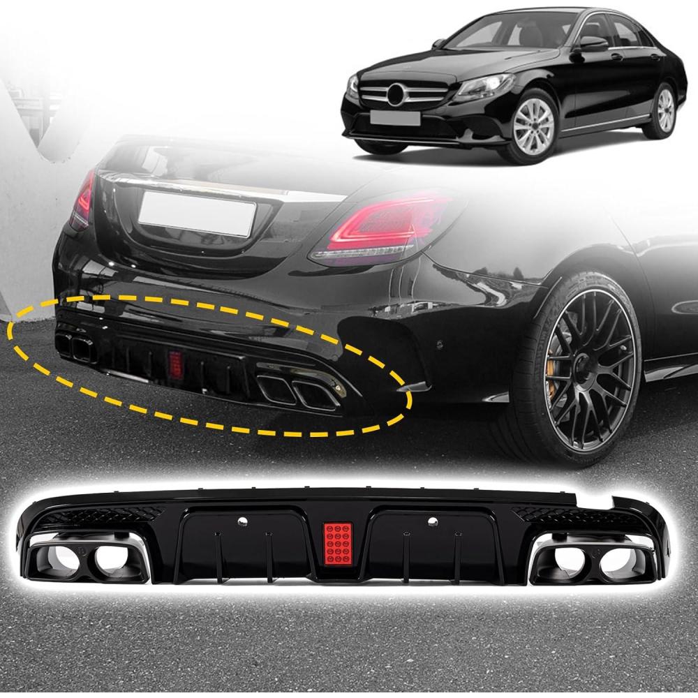 imageRear Bumper Diffuser with Exhaust Tips fit for Mercedes Benz CClass W205 C63 C63S AMG Sedan 4Doors 20152018Rear Lower Bumper Molding Kit with LED Red LightCarbon Fiber LookGlossy Black